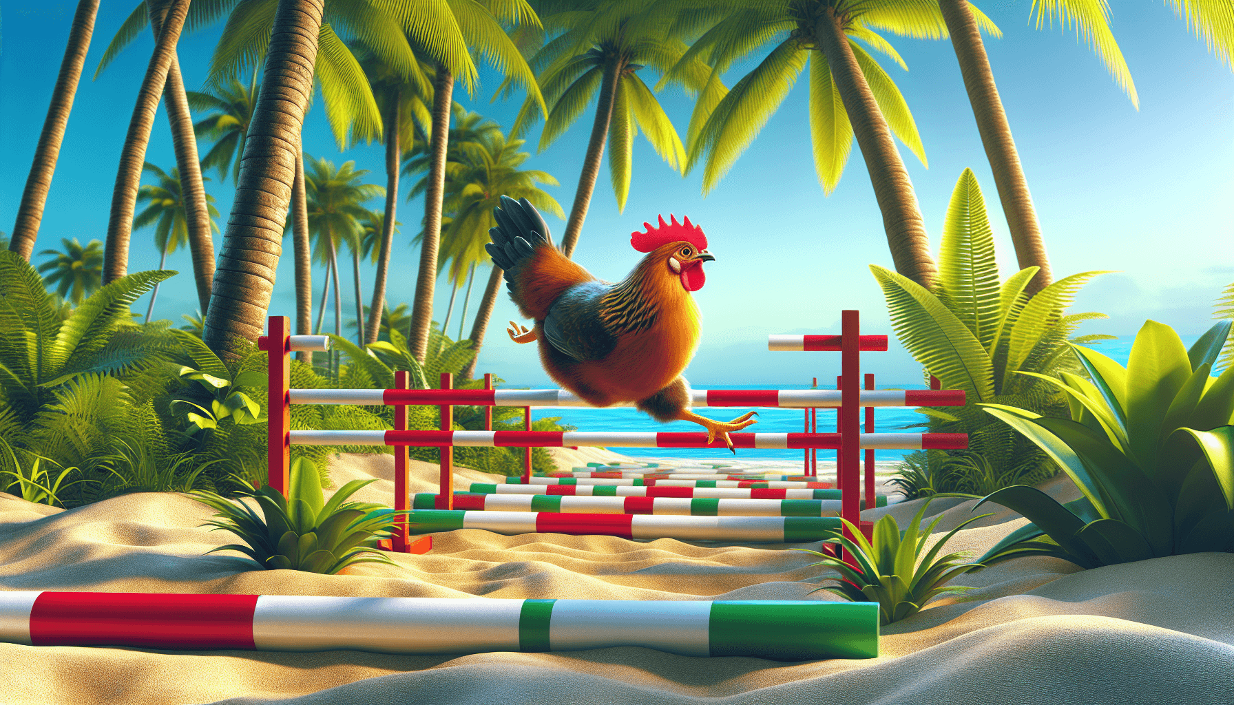 Chicken dodging obstacles on beach