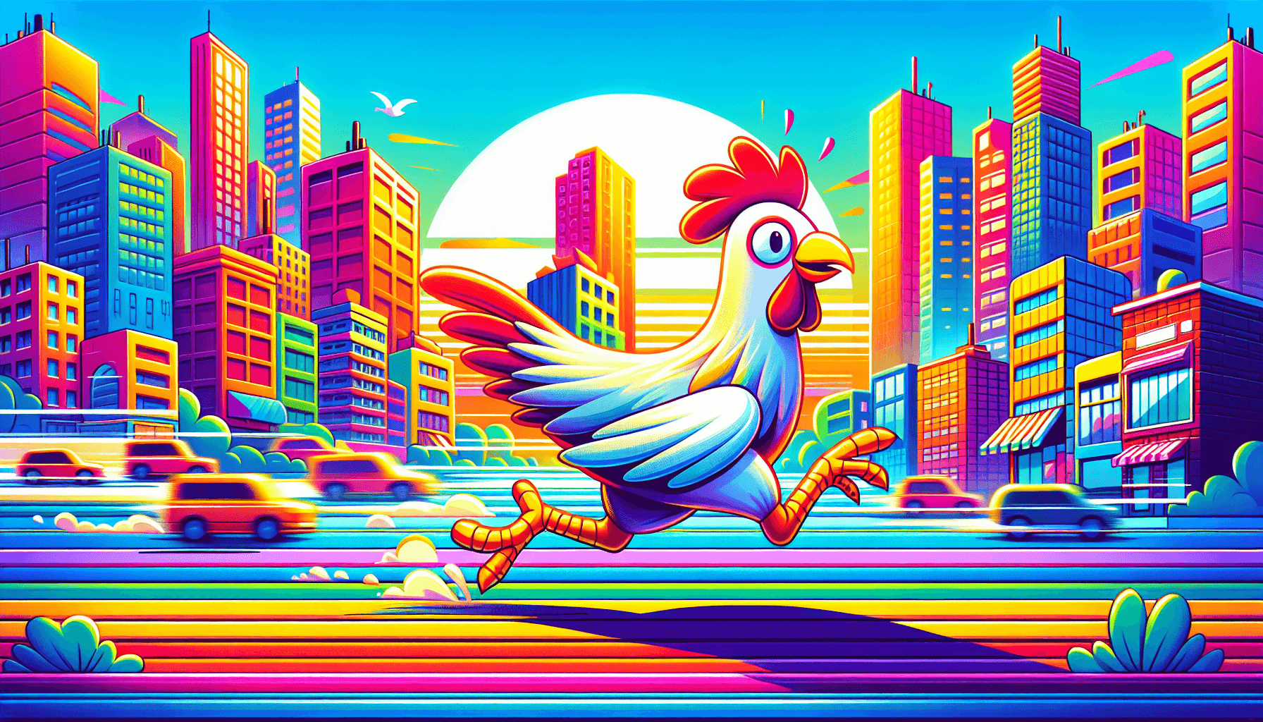 Chicken running in a colorful city